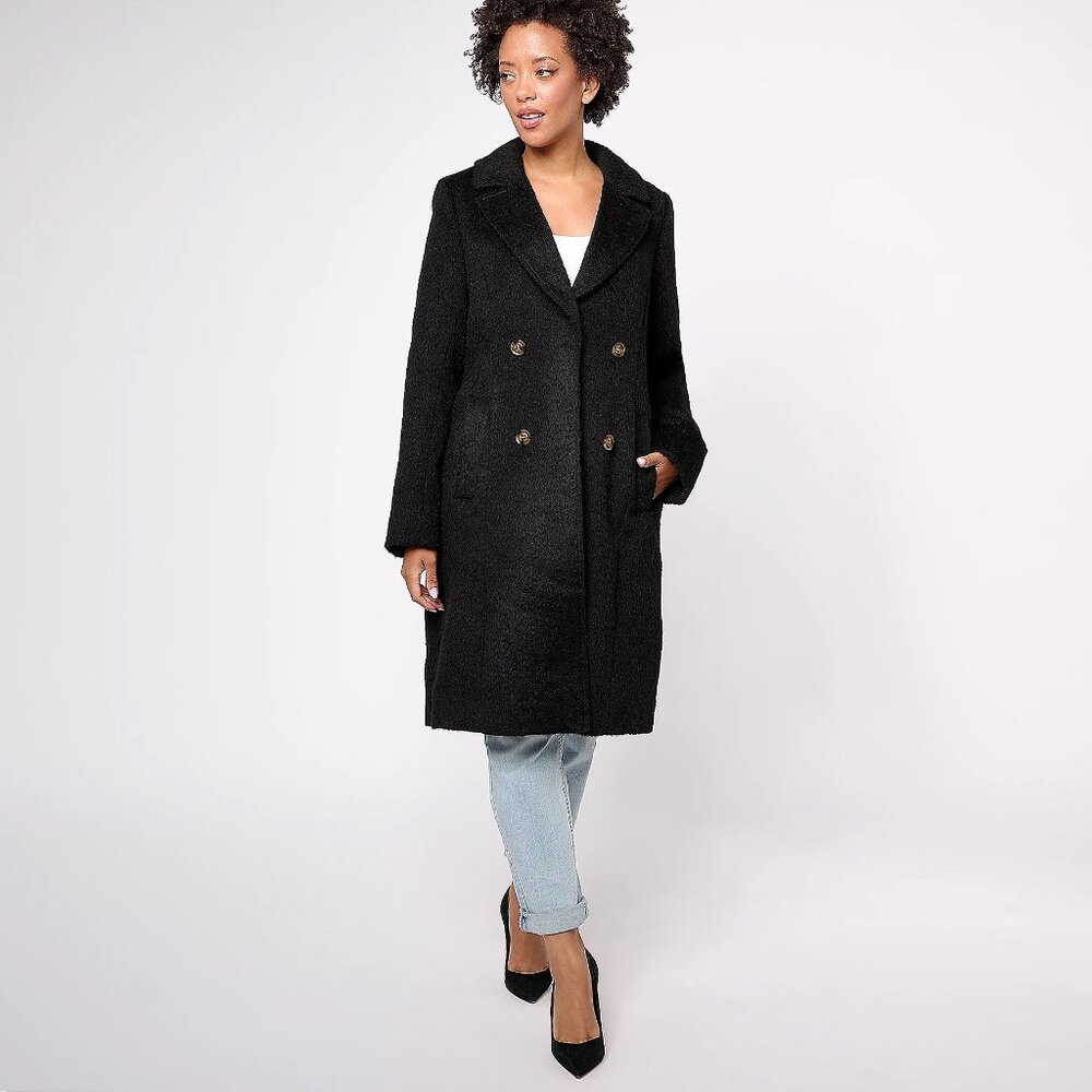NEW Dennis Basso Wool Blend Snap Front‎ Faux Double Breasted Black Coat Size 8